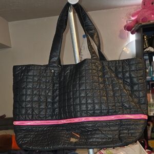 Black Quilted Tote Bag with Pink Accents